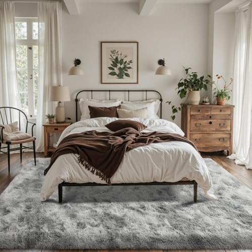 Grey Tiedye 8x10 ft Fluffy Shag Rug - Non-Slip Area Carpet for Living Room & Bedroom