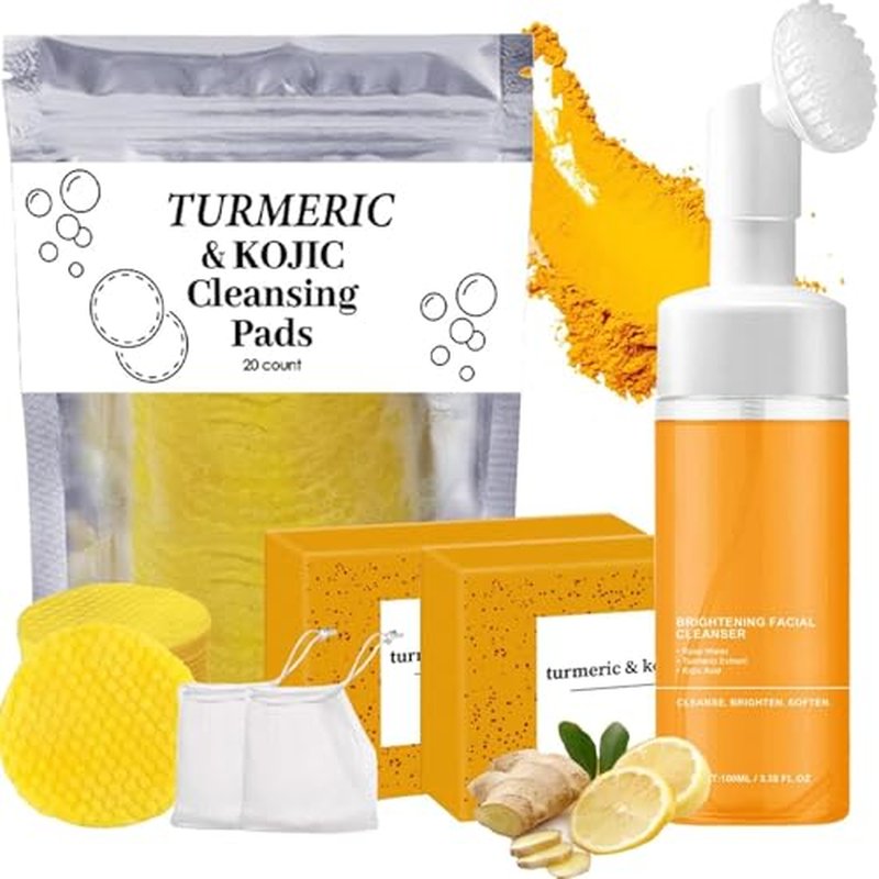4Pcs Turmeric Wash and Care Three Piece Set,Turmeric Trio: Facial Wash,Cleansing Mousse & Soap for Skin Care,Turmeric Cleansing Exfoliating Pads,Turmeric Face Wash, Natural Skincare for Face & Body