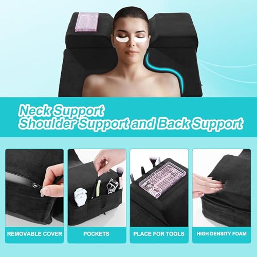 Black BALAPET Lash Pillow for Eyelash Extensions, Ergonomic Support with Side Pockets