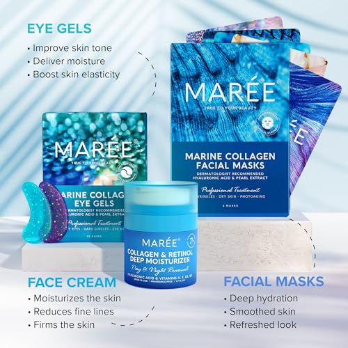 MAREE Skincare Essentials Bundle - Eye Gels, Facial Masks & Face Cream - Under Eye Gels for Puffy Eyes, Anti Aging Face Cream & Moisturizing Sheet Masks - Marine Collagen & Hyaluronic Acid, Retinol