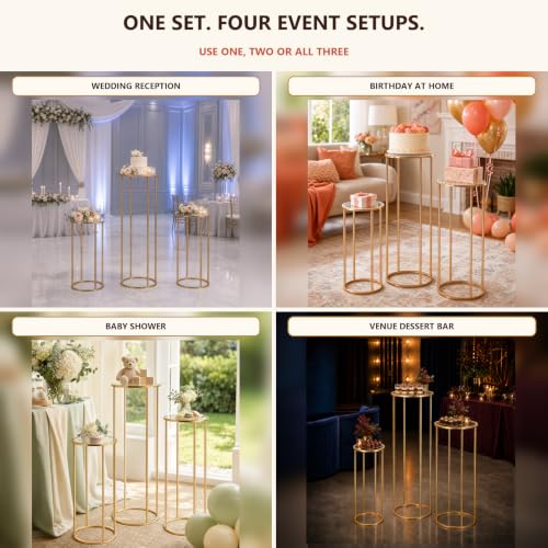 Gold Metal Cylinder Pedestal Stands 3-Pack for Party Decor & Cake Displays
