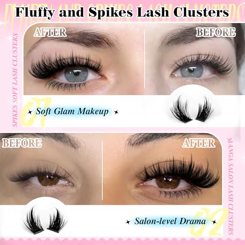 Fluffy Lash Clusters with Bottom Lashes Spikes Eyelashes Manga Eyelash Clusters 12-22MM Volume Lash Extension with Individual Lashes DIY at Home for Beginner