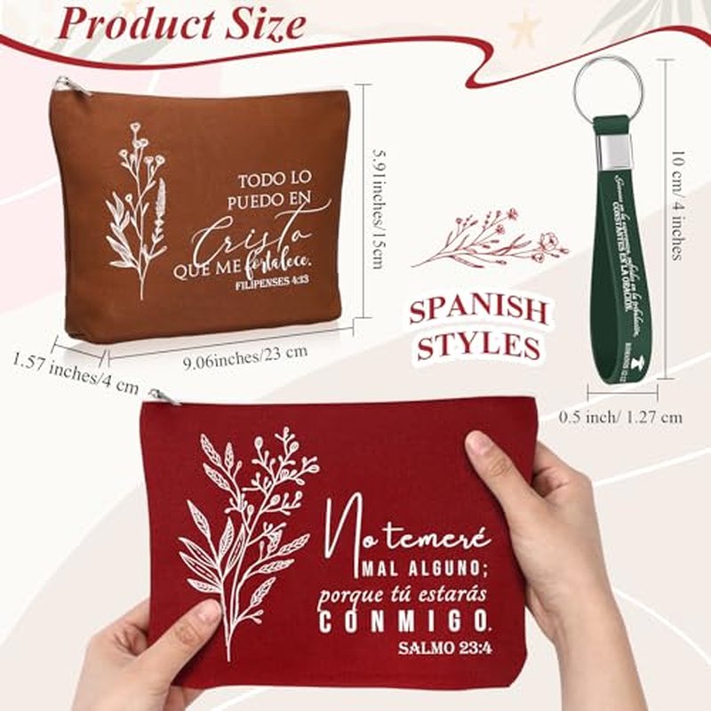 Fumete 20 Pcs Spanish Christian Gifts Bulk for Women Regalos Cristianos En Espa?ol Llavero Cristiano Para Mujer En Espa?ol Spanish Bible Verse Makeup Bags Keychain(Christmas Color)