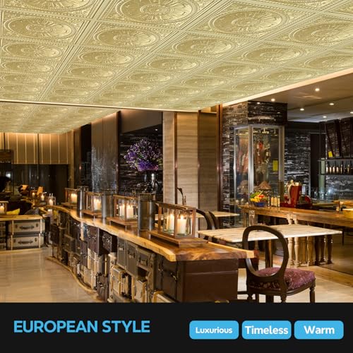 Drop Ceiling Tiles 24x24 Inches Waterproof PVC Panel Pack of 12 Champagne Gold