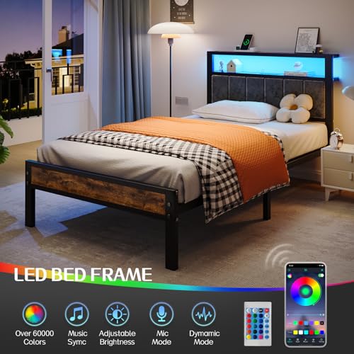 Twin Size Bed Frame with LED Lights and Upholstered Headboard - Grey