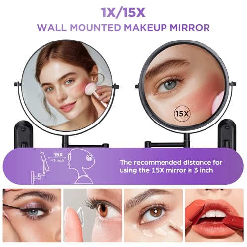 Black 15X Wall Mounted Makeup Mirror - 360° Swivel, Extendable Arm