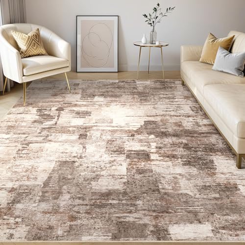 Brown 8x10 Washable Abstract Area Rug for Living Room with Non-Slip Backing