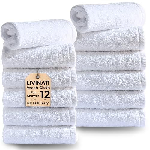 White Extra Thick Cotton Washcloths 12x12 Inches - Set of 12 for Body & Face - Soft, Absorbent Bath Rags