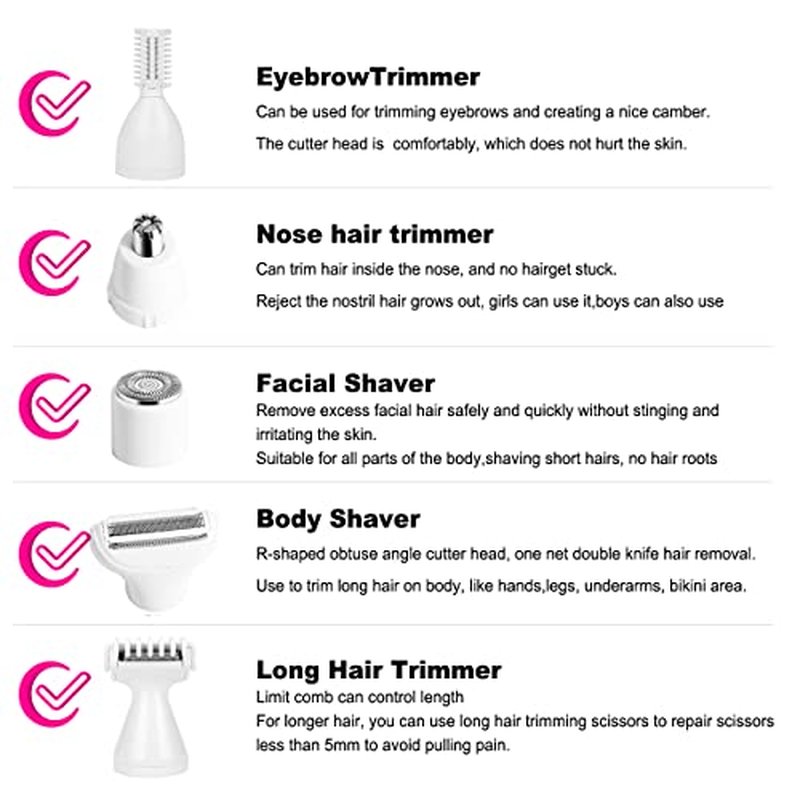 Electric Razor for Women Removal for Body Nose Hair Trimmer Face Shavers Eyebrow Legs Armpit Bikini Area Pubic Underarms Painless Rechargeable Portable 5 in 1 Womens Razors Set