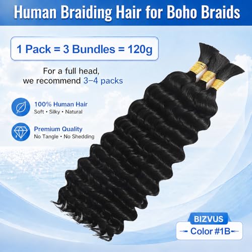 Human Braiding Hair - Deep Wave Bulk 18 Inch 110g Natural #1B - Boho Braid Extensions