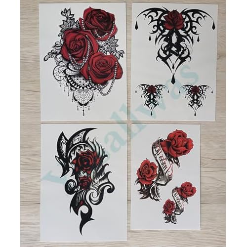Yesallwas 4 Sheets Large Temporary Tattoo Sticker Fake Tattoos for Women Girls Models,Waterproof Long Lasting Body Art Makeup Sexy Realistic Arm Tattoos -Rose, Flowers£¬Jewelry 5.9x8.26inche (A)