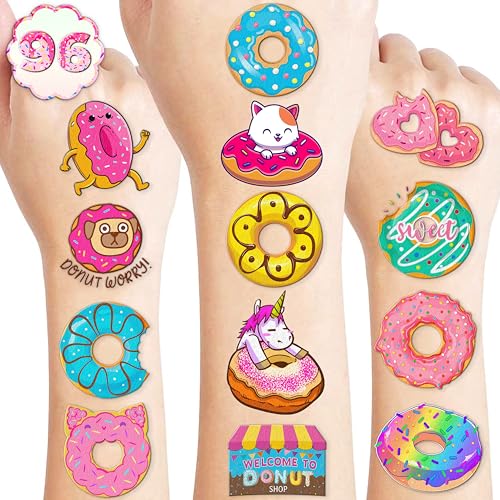 96 PCS Donut Temporary Tattoos Party Decorations Favors Supplies Doughnut Candyland Candy Theme Birthday Cute Sweet Tattoo Stickers Christmas Gifts for Boys Girls Kids Classroom School Prizes Carnival