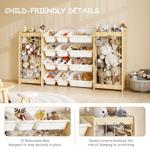 Large Wooden Toy Storage Organizer with 12 Bins & Plush Toy Holder - White, 64.4"L