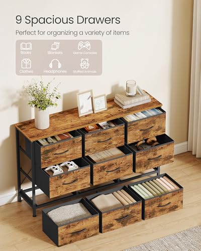 SONGMICS Dresser with 9 Fabric Drawers and TV Stand for Up to 55 Inches - Rustic Brown + Ink Black 11.8"D x 44.8"W x 26.8"H