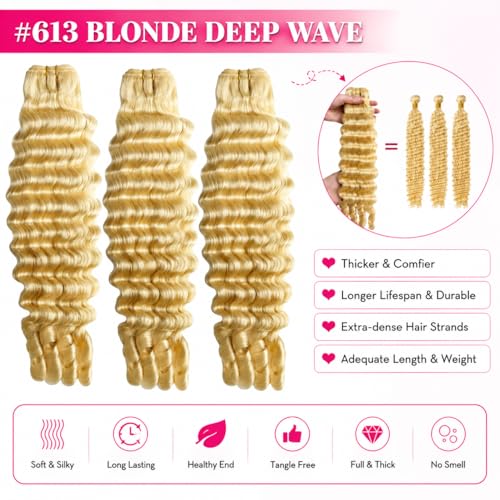 Belaved 613 Blonde Burmese Human Hair Extensions 3 Bundles Water Wave 14-18 Inch
