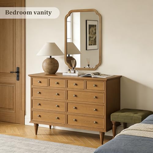 36-Inch Natural Light Woodgrain Rounded Corner Wall Mirror with Frame - Entryway & Living Room Decor