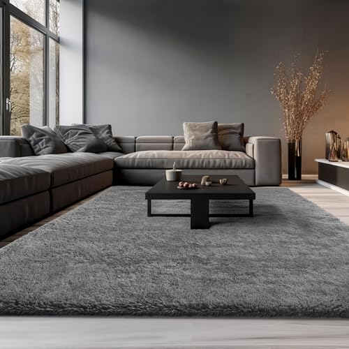 Large Grey 9x12 Shag Area Rug for Living Room & Bedroom - Soft Non-Slip Nursery Carpet