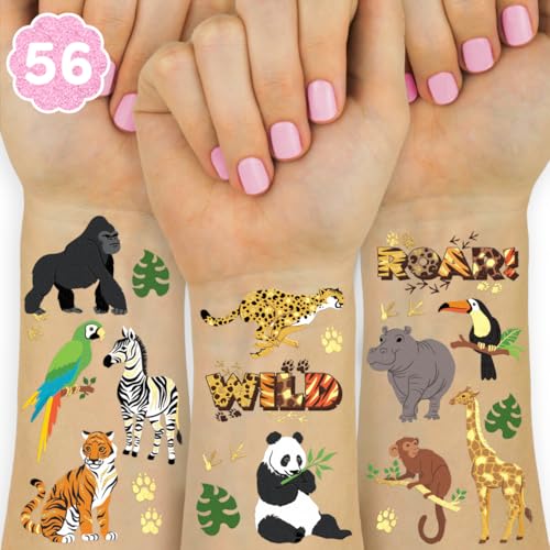 xo, Fetti Jungle Animals Temporary Tattoos - 56 Gold Foil Pcs | Wild Birthday Accessory, Safari Bachelorette Party Favor, Cute Kids Zoo Activity