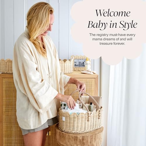 Natural Baby Diaper Caddy Organizer with Scalloped Rattan & Removable Divider - Stylish & Multi-Purpose