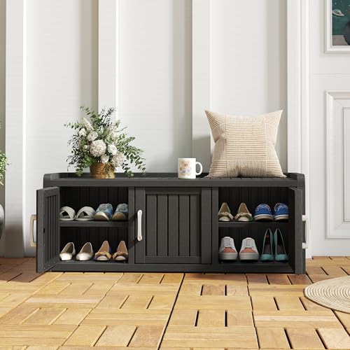 3-Door Waterproof Shoe Storage Cabinet with Adjustable Shelves - Black