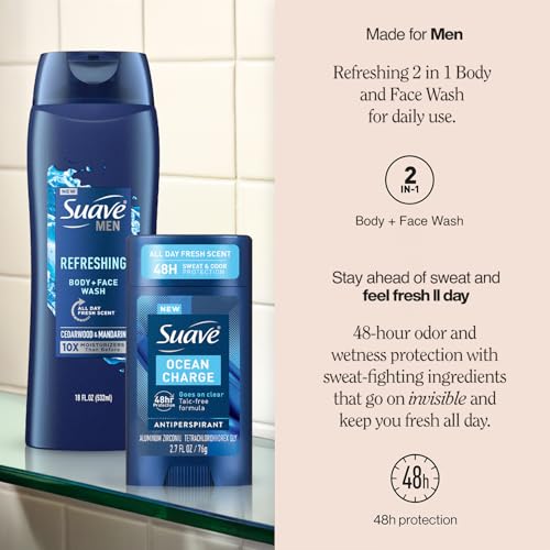 Suave Men¡¯s Body Wash, Refresh + Invisible Solid Ocean Charge Antiperspirant Deodorant Stick, 48H Sweat & Odor Protection (2 Piece Set)