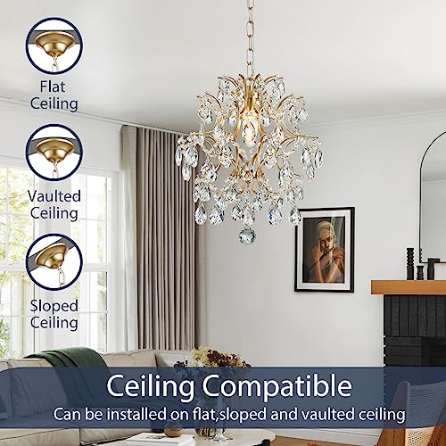 Bestier Gold Modern Pendant Chandelier with Crystal Raindrops - D13" x H16" Ceiling Light for Dining & Living Room