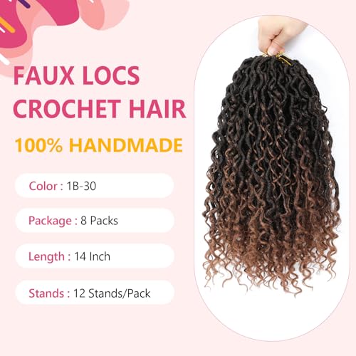 14 Inch Faux Locs Crochet Hair 8 Pack Goddess Locs with Curly Ends - 1B/30