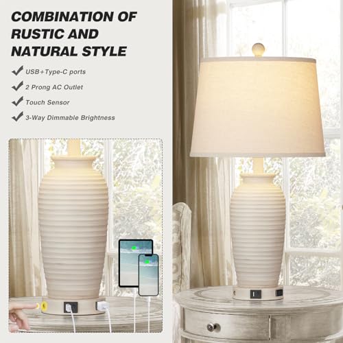 CINSARY 24.3-Inch Farmhouse Cream Jar Table Lamps Set of 2 with USB Charging & Touch Control