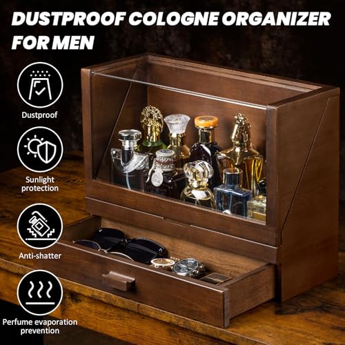Miratino Cologne Organizer for Men, Wood Cologne Stand with Drawer, Large Capacity Cologne Shelf with Cologne Holder Display
