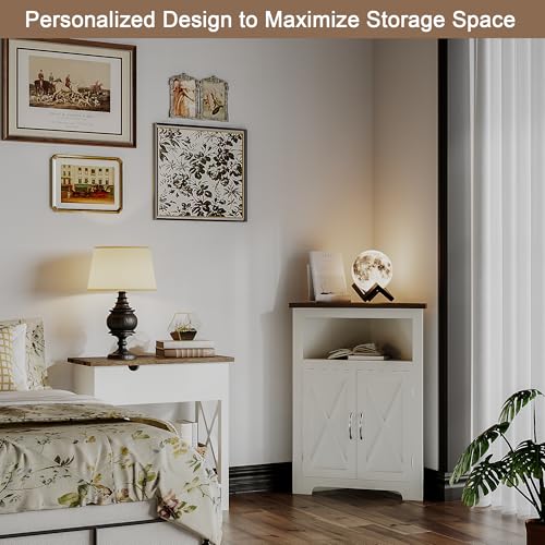 Corner Storage Cabinet with Barn Door Design - Soft White & Brown