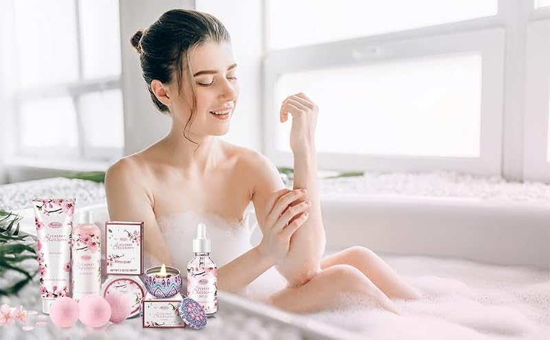 Japanese Cherry Blossom Bath Gift Set - 7 Piece Spa Kit for Women