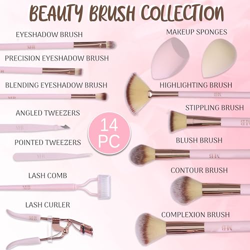 14-Piece Rose Gold Makeup Brush Set with Eyelash Curler & Tweezers