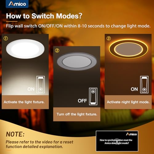 Amico 12 Pack 6 In LED Recessed Light with Night Light, 5CCT (2700-5000K) – Damp Rated