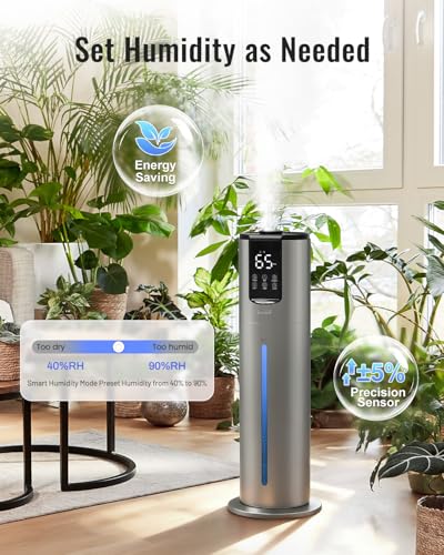 Large 8L Humidifier for Bedroom & Large Rooms, Grey - Leak-Proof Top Fill, 40H Run, Essential Oil Tray