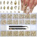 HNUIX Champagne Gold Nail Rhinestones Kit - 3D Multi-Shape Gems for Manicure & Nail Art