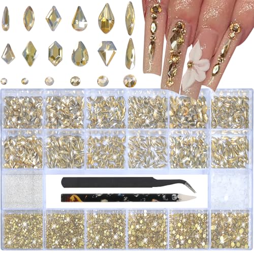 HNUIX Champagne Gold Nail Rhinestones Kit - 3D Multi-Shape Gems for Manicure & Nail Art
