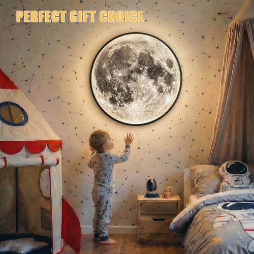 Dimmable Moon Wall Lamp - Rechargeable Battery Operated Indoor Night Light with Remote - 12 Inch