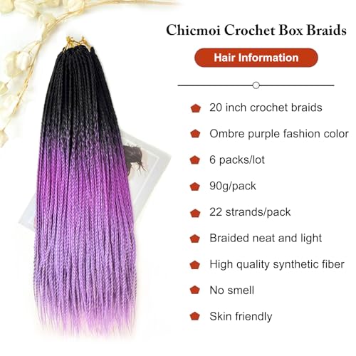 Chicmoi 20 Inch Ombre Purple Crochet Box Braids - 6 Packs, Small Thin Braid Extensions