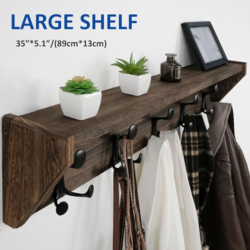 35-Inch Wall Mount Coat Rack with Shelf and Triple Hooks - Weathered Brown