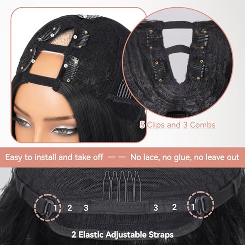 Yaki Straight V Part Wig for Black Women 26 Inch Natural Black 180% Density Glueless Synthetic Hair
