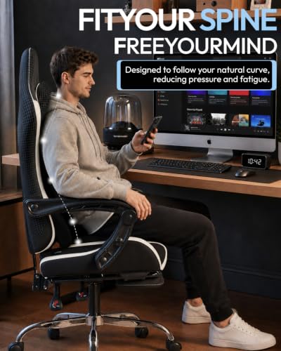 Dowinx White Ergonomic Gaming Chair with Footrest & Massage Lumbar, 150° Recline, 2D Armrests, Headrest Pillow, Supports 330lbs