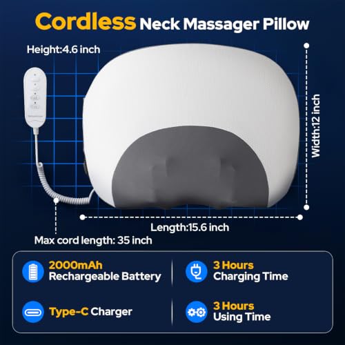 Relmalynne White 3-in-1 Cordless Neck Massager Pillow with Heat & Rolling Shiatsu