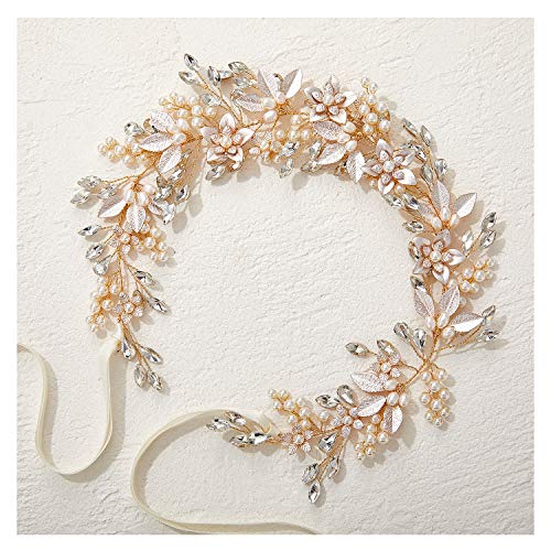 Gold Bridal Headband with Rhinestones and Pearl Flowers - Wedding Hair Accessories