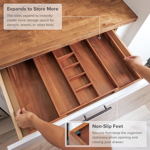 KitchenEdge Expandable Acacia Drawer Organizer - Natural, Fits 16-28 Inch Wide Drawers