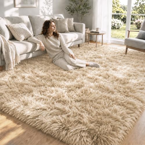 Zomfy 8' x 10' Camel Fluffy Shag Rug - Washable Soft Plush Indoor Carpet for Living Room & Kids' Room