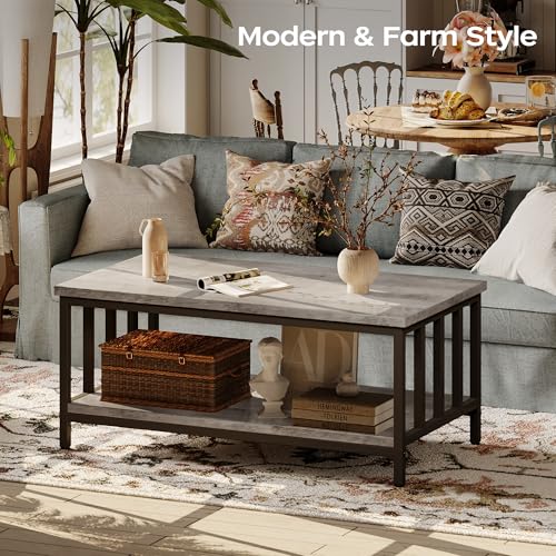 Homeiju 39.4 Inch Modern Farmhouse Coffee Table with 2-Tier Storage, Grey Wash