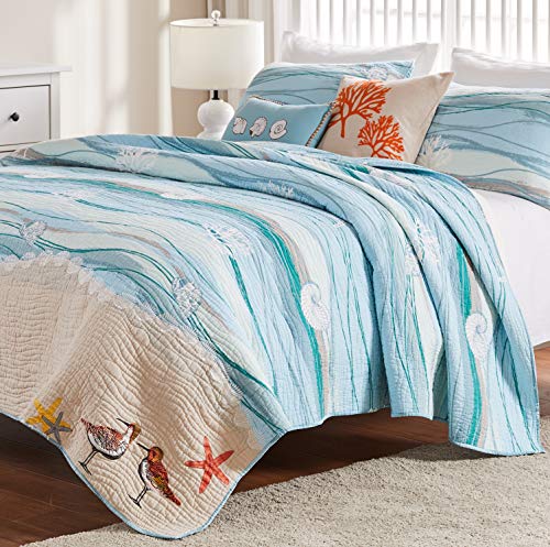 Greenland Home Maui Coastal Quilt Set Full/Queen Blue Embroidered Beach Design