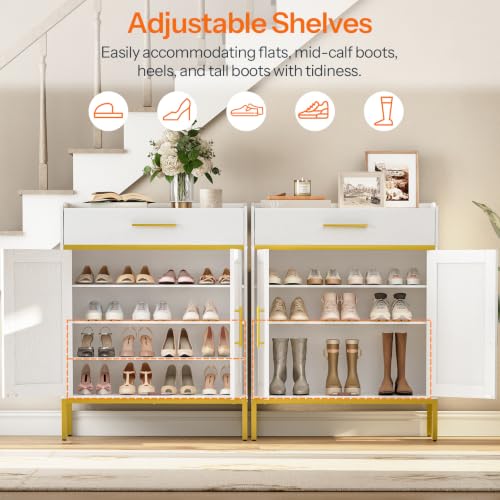 White and Gold 5-Tier Shoe Storage Cabinet with Drawers - Large Wooden Shoe Rack Organizer