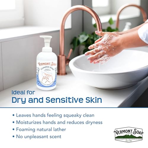 VERMONT SOAP Organic Unscented Foaming Hand Soap - Natural Moisturizing Soap for Dry Skin - Fragrance Free Liquid Bathroom Hand Soap Dispenser - Simply Unscented - 12 oz