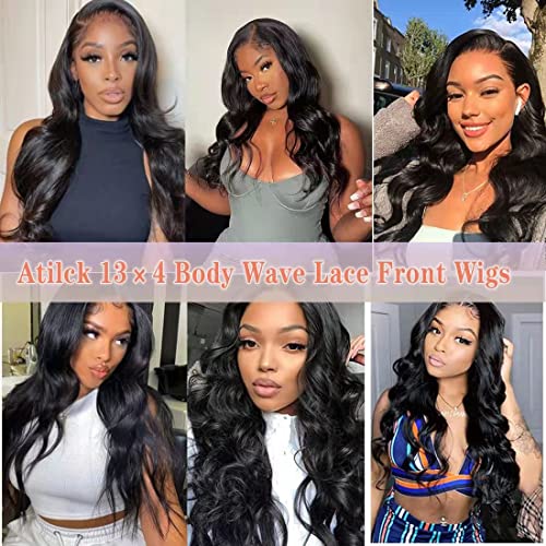 Atilck 20in Natural Black 13x4 Lace Front Wig Body Wave Glueless, 100% Brazilian Human Hair